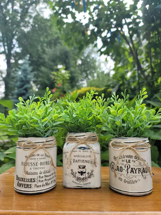 Set of three decorative handcrafted antique looking mini jars. Vintage Farmhouse home decor. Tiered tray decor.