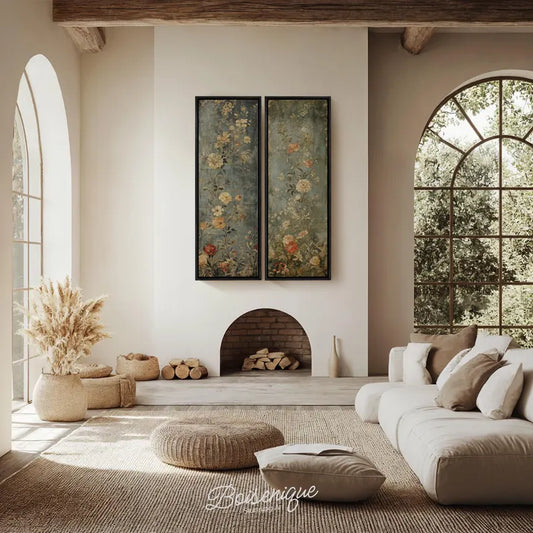 2 Panel Vintage Floral Wall Art Set | Antique Botanical Prints & Rustic Canvas Decor for French Country Homes
