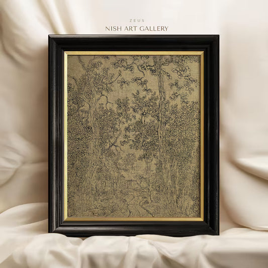 Vintage ink Sketch Framed Art Print, Rustic Drawing Wall Art Printed, Woodland Landscape Drawing, Moody Tree Sketch, Home Decor #150
