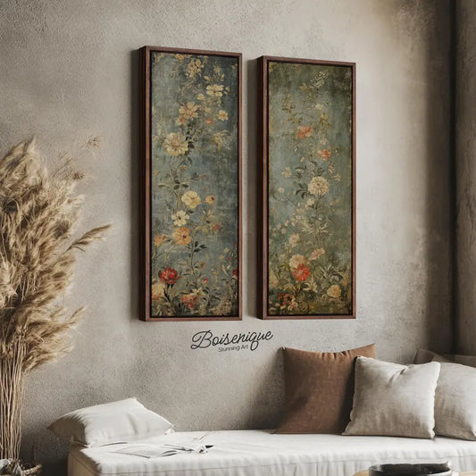2 Panel Vintage Floral Wall Art Set | Antique Botanical Prints & Rustic Canvas Decor for French Country Homes