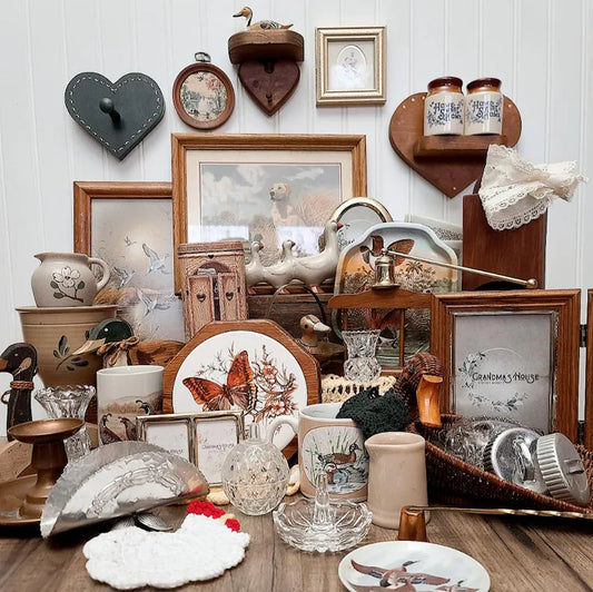 Vintage Farmhouse Rustic Cottage Grandma Mystery Thrift Bundle Gift Box, Trinkets, Decor, Kitchenware, Candlesticks, Vases, Frames, Art
