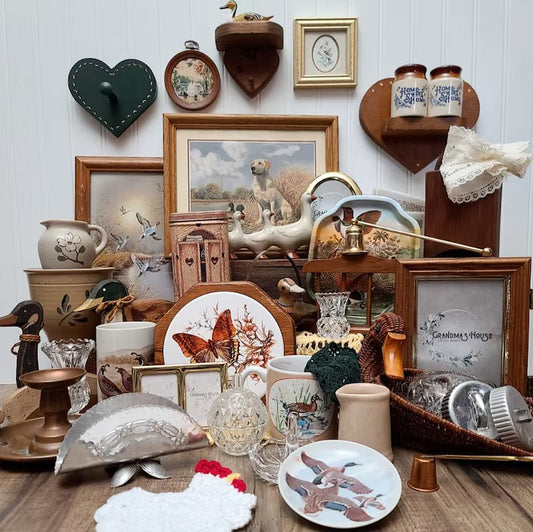 Vintage Farmhouse Rustic Cottage Grandma Mystery Thrift Bundle Gift Box, Trinkets, Decor, Kitchenware, Candlesticks, Vases, Frames, Art