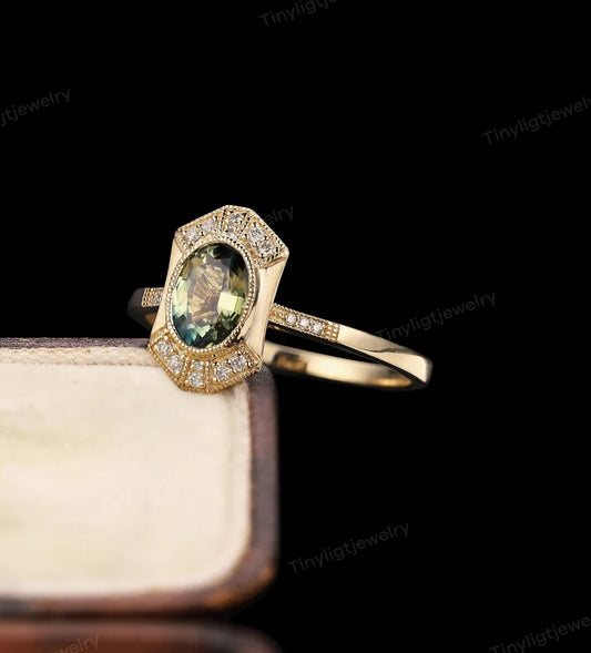 Art Deco Green Sapphire Ring - Antique Engagement Ring in 14K Rose Gold | Vintage Oval Sapphire Ring | Primise Ring Daily Wear By Tinylight